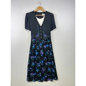 Vintage Peri Petites Black Floral Vest Dress Women's Size 10 Button Front Midi